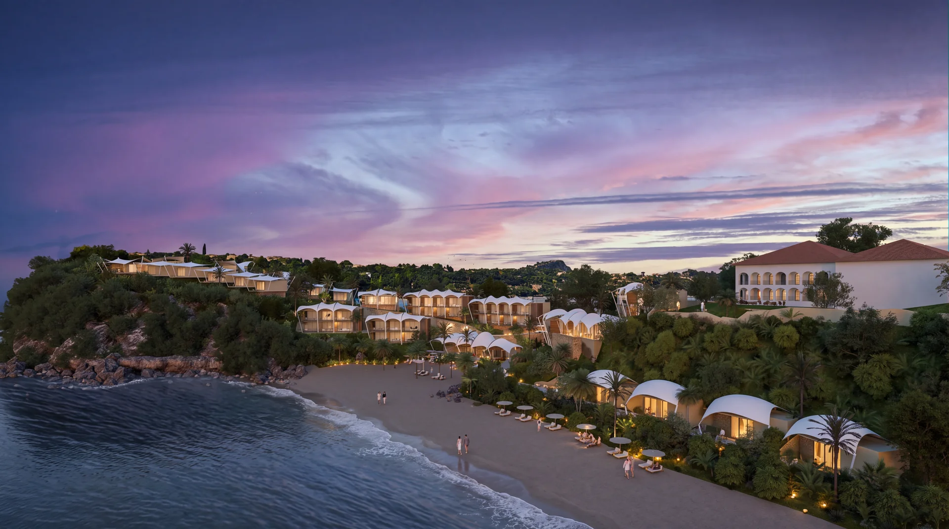 Hotel de playa al atardecer
