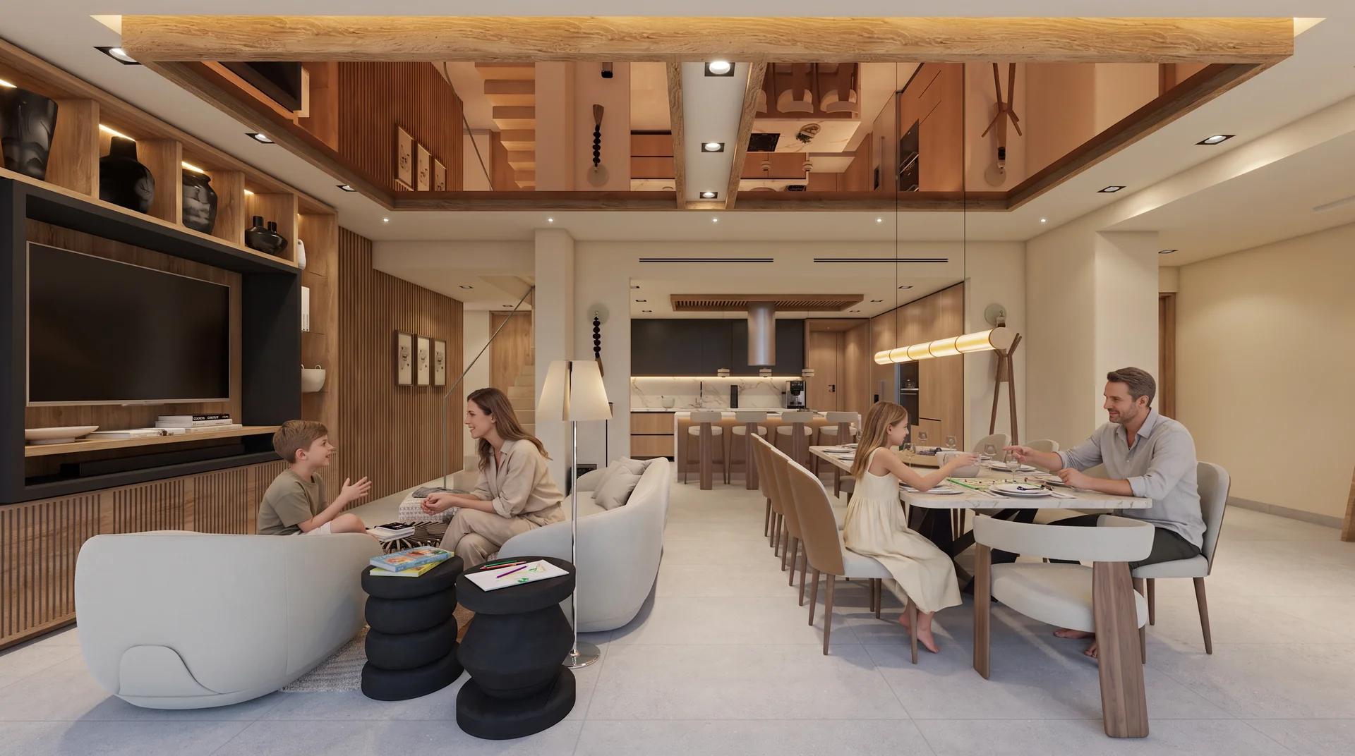 Sala, comedor y cocina abiertos