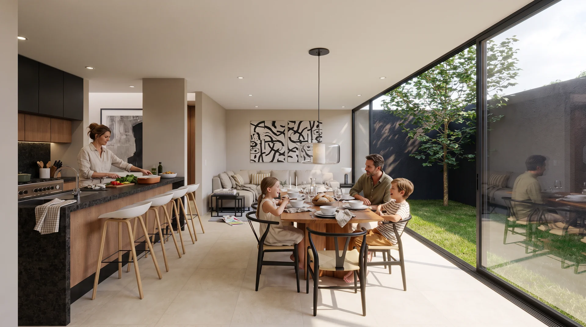 Cocina y comedor abiertos al jardín