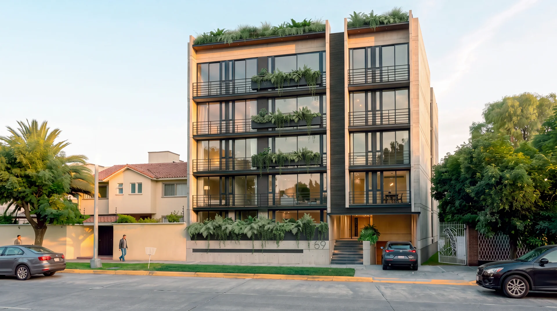 Edificio de departamentos al atardecer