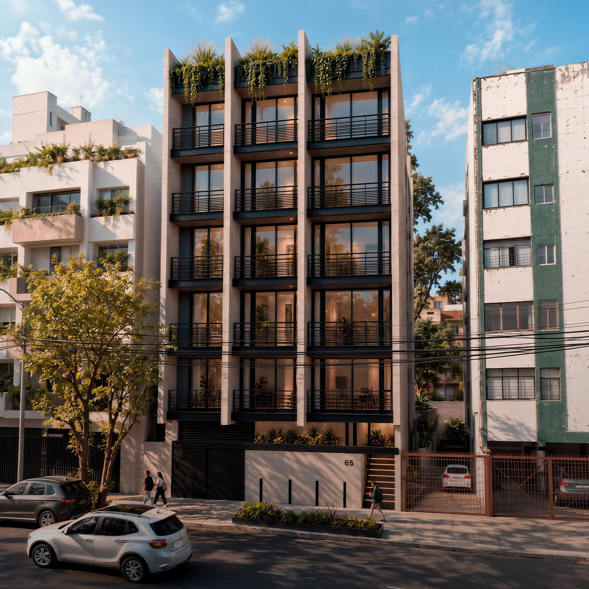 Edificio de departamentos de seis niveles con azotea verde