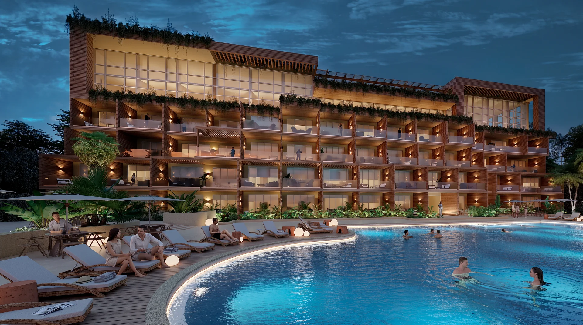 Alberca de hotel al anochecer