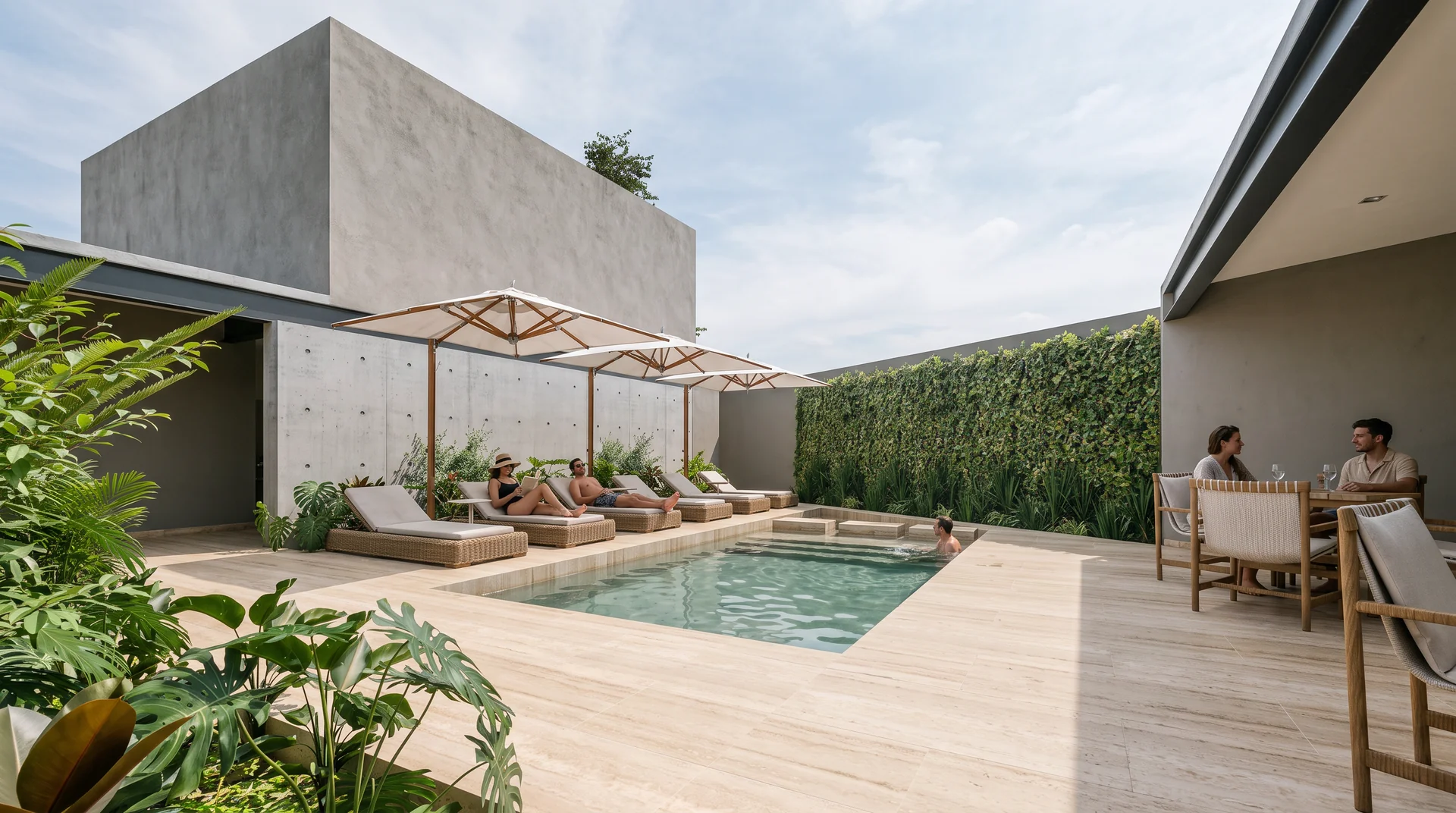 Patio con alberca y muro verde