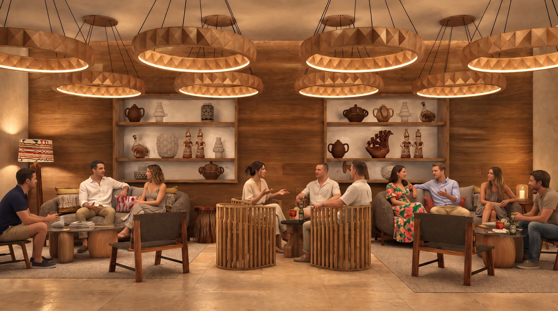 Salón con lámparas de fibra natural