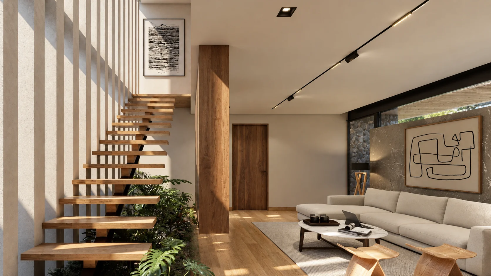 Casa Cañada: sala y escalera