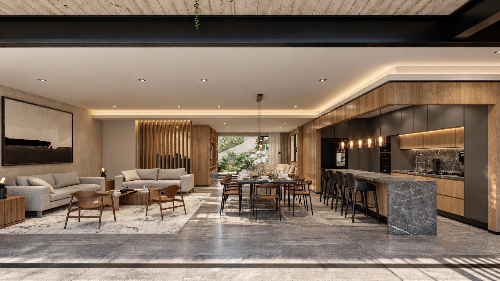 Casa Colinas del bosque: sala, comedor y cocina
